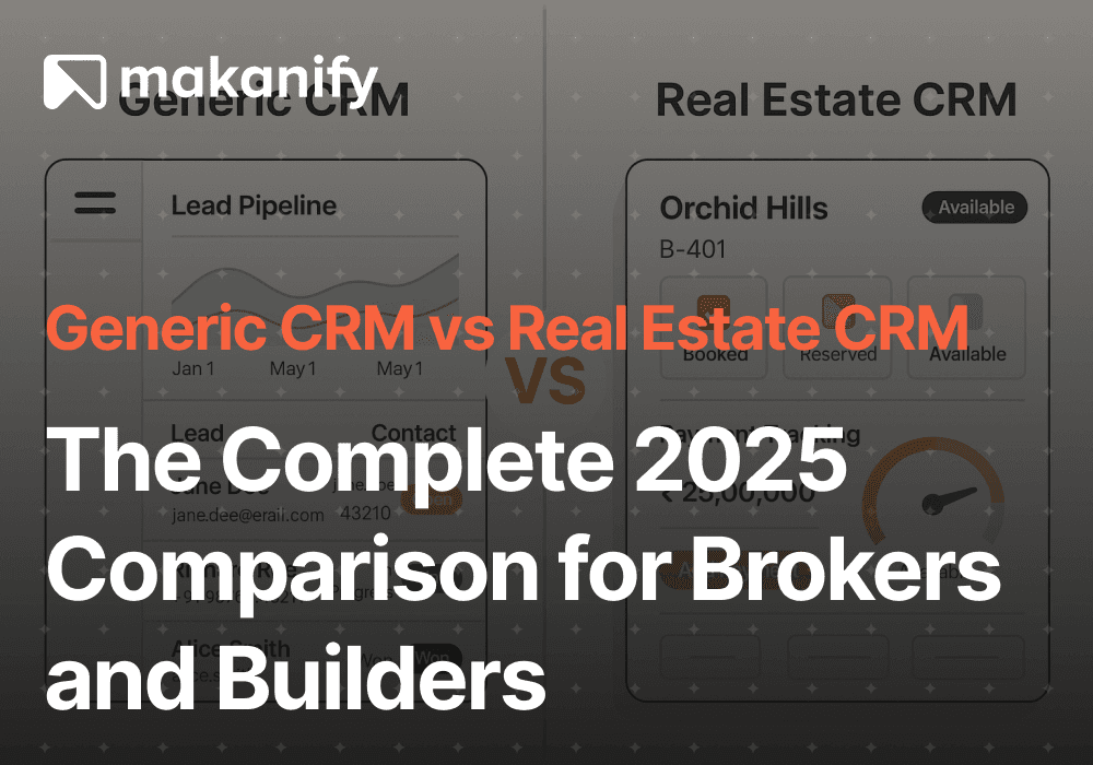 Side-by-side comparison of a generic CRM dashboard and a real estate CRM interface showing property listings, lead tracking, and payment analytics to Makanify CRM India 2025.