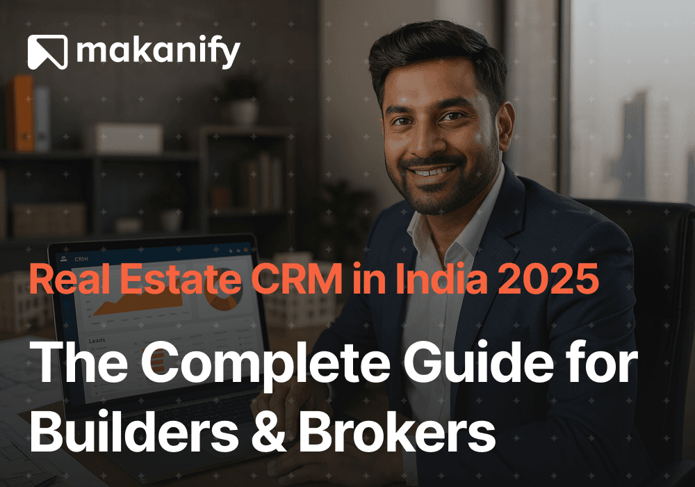 Indian real estate professional using CRM dashboard in office to Real Estate CRM India 2025