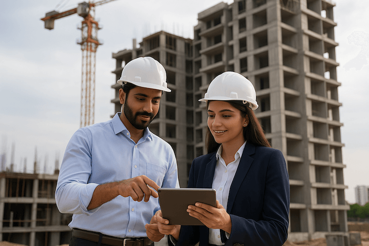 Real estate builders and team member reviewing site progress at construction site