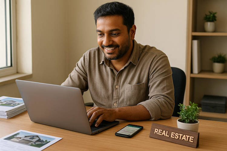 Real estate broker seeing work progress in laptop