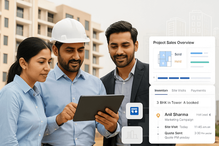 Indian real estate developers using a CRM dashboard to manage projects and sales on a construction site