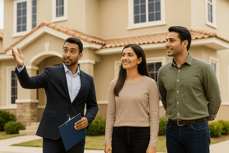 Broker showing a residential property to Indian home buyers during a site visit