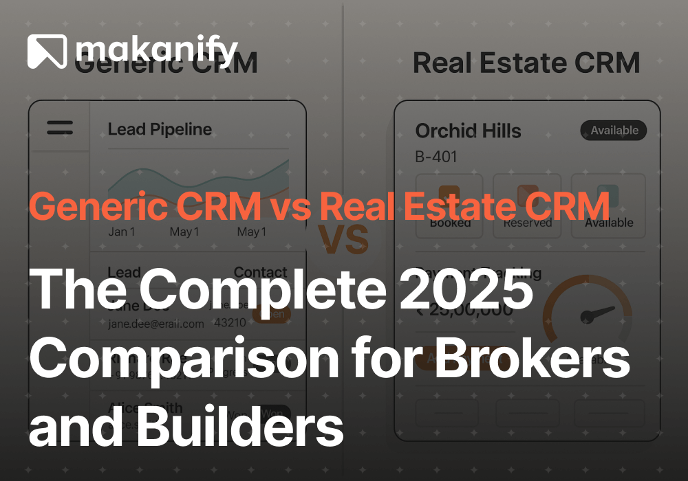 Side-by-side comparison of a generic CRM dashboard and a real estate CRM interface showing property listings, lead tracking, and payment analytics – Makanify CRM India 2025.