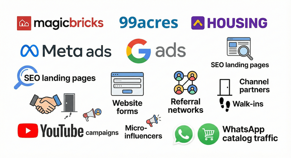 Combined image of real estate lead source logos showing platforms like MagicBricks, 99acres, Housing, Meta ads, Google ads, WhatsApp traffic, referrals, influencers, and channel partners used for CRM lead capture