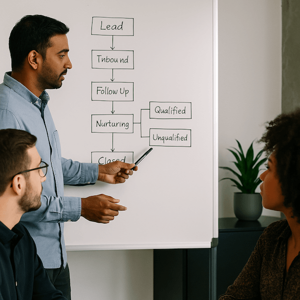 real estate tech team reviewing a workflow diagram on a whiteboard in a modern office during a Makanify CRM strategy meeting
